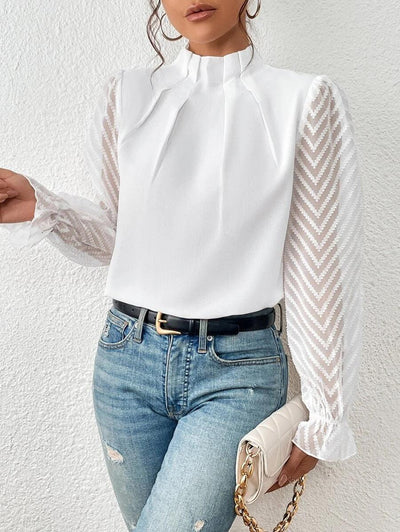Bluse med Høj Hals | Mesh-ærmer | Elegant Stil l Vanero