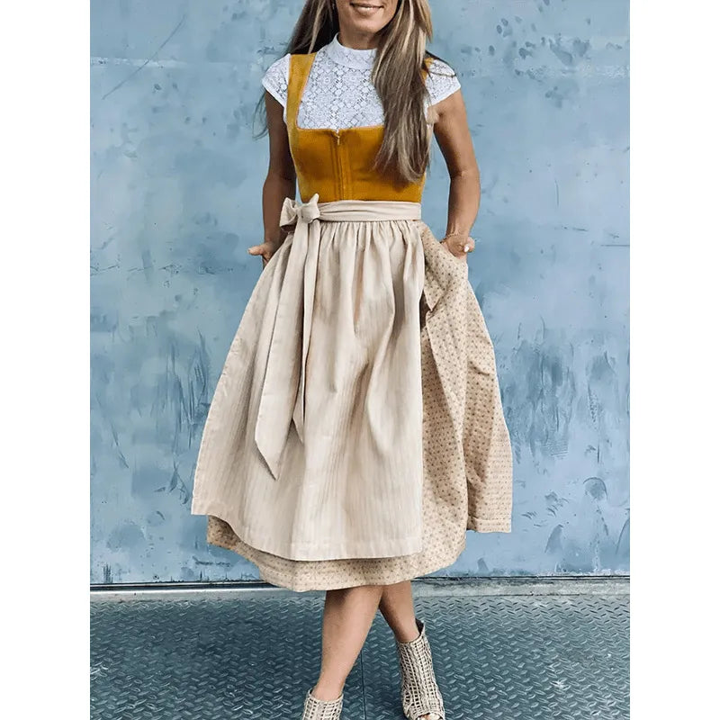 Dame Dirndl Kjole Tekstilmateriale | Almindelig Pasform Midikjole | Blondebluse Med Forklædeskørt Til Festivaler & Arrangementer | Vanero
