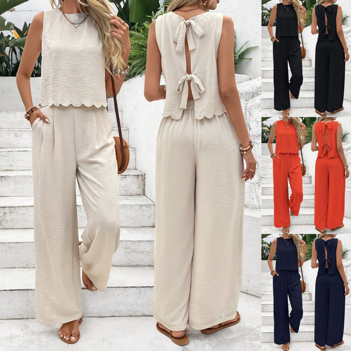 Dame | afslappet jumpsuit med elegant laceindsats og bred ben stilla | vanero