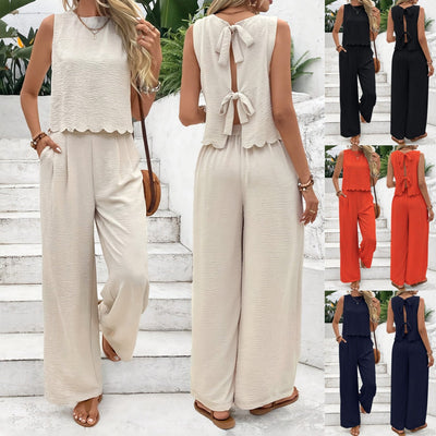 Dame | afslappet jumpsuit med elegant laceindsats og bred ben stilla | vanero
