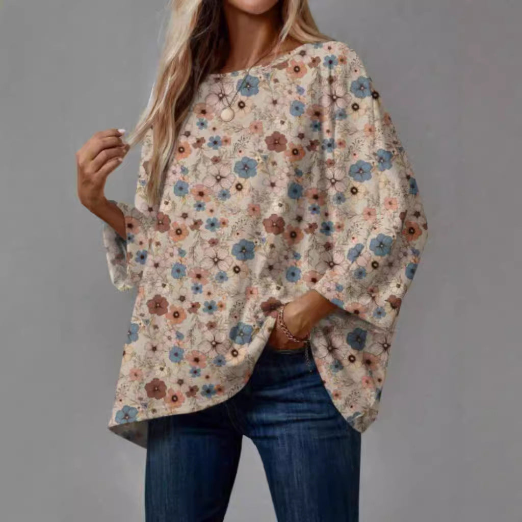 Dame Bluse Polyesterblanding | Afslappet Pasform Bluse Med Blomsterprint | Rund Hals Til Hverdagsbrug & Fritid | Vanero