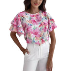 Dame Bluse Polyesterblanding | Almindelig Pasform Bluse Med Blomsterprint | Flæseærmer Til Arbejde & Hverdagsbrug | Vanero