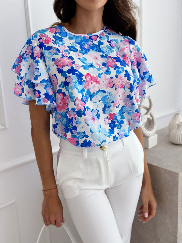Dame Bluse Polyesterblanding | Almindelig Pasform Bluse Med Blomsterprint | Flæseærmer Til Arbejde & Hverdagsbrug | Vanero