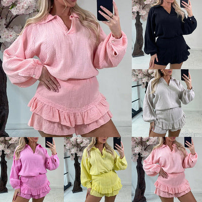 Dame Fritidsbluser Og Shorts Sæt Med Flæsedetaljer | Komfortabelt Sommertøj | Vanero