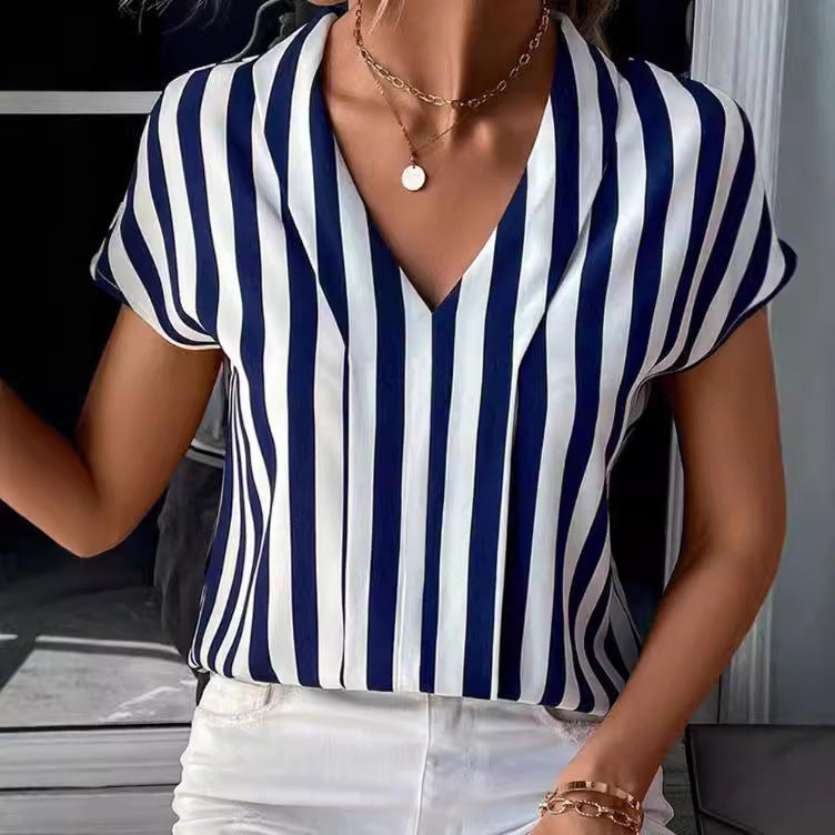 Damebluse Bomulds-Polyesterblanding | Regular Fit Stribet Bluse | V-Hals Design til Hverdagsbrug & Arbejde | Vanero