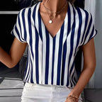 Damebluse Bomulds-Polyesterblanding | Regular Fit Stribet Bluse | V-Hals Design til Hverdagsbrug & Arbejde | Vanero