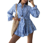 Dame Sæt Bomulds-Polyesterblanding | Regular Fit Bluse- og Shorts Sæt | Blomstermønster Design til Hverdagsbrug & Fritidsaktiviteter | Vanero