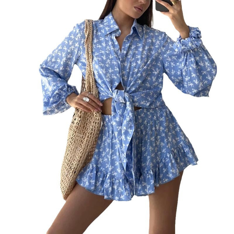 Dame Sæt Bomulds-Polyesterblanding | Regular Fit Bluse- og Shorts Sæt | Blomstermønster Design til Hverdagsbrug & Fritidsaktiviteter | Vanero
