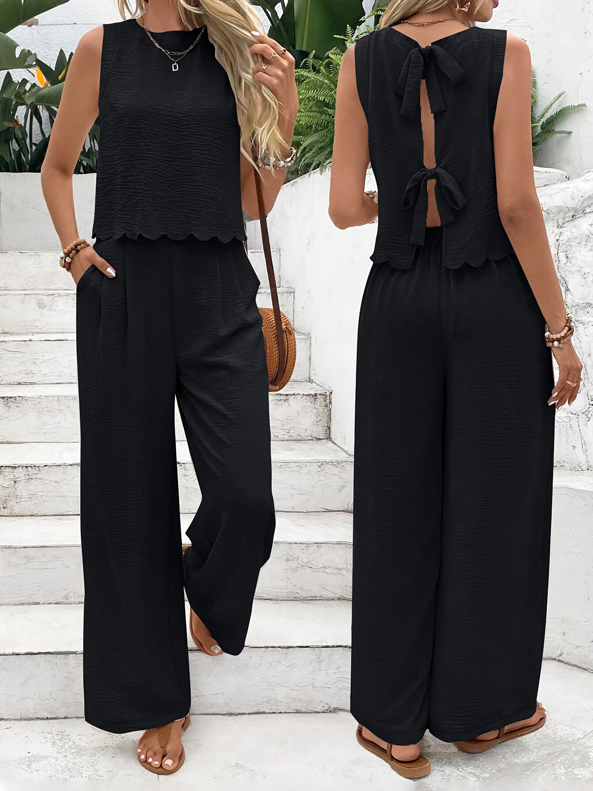 Dame | afslappet jumpsuit med elegant laceindsats og bred ben stilla | vanero