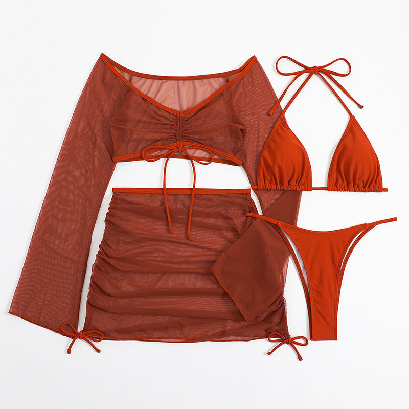 Damebadetøjssæt Polyester Spandex | Badetøj med Transparent Mesh-Overdel | Asymmetrisk Nederdel til Strand- og Poolbrug | Vanero