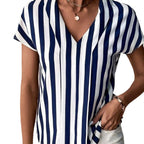Damebluse Bomulds-Polyesterblanding | Regular Fit Stribet Bluse | V-Hals Design til Hverdagsbrug & Arbejde | Vanero