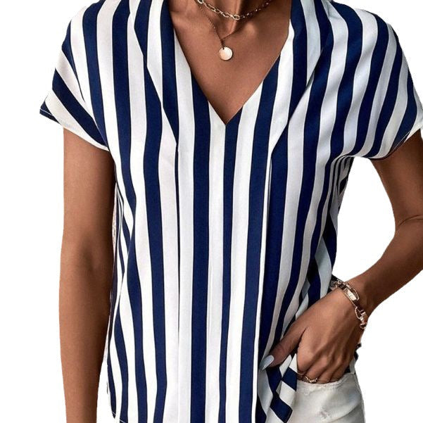 Damebluse Bomulds-Polyesterblanding | Regular Fit Stribet Bluse | V-Hals Design til Hverdagsbrug & Arbejde | Vanero