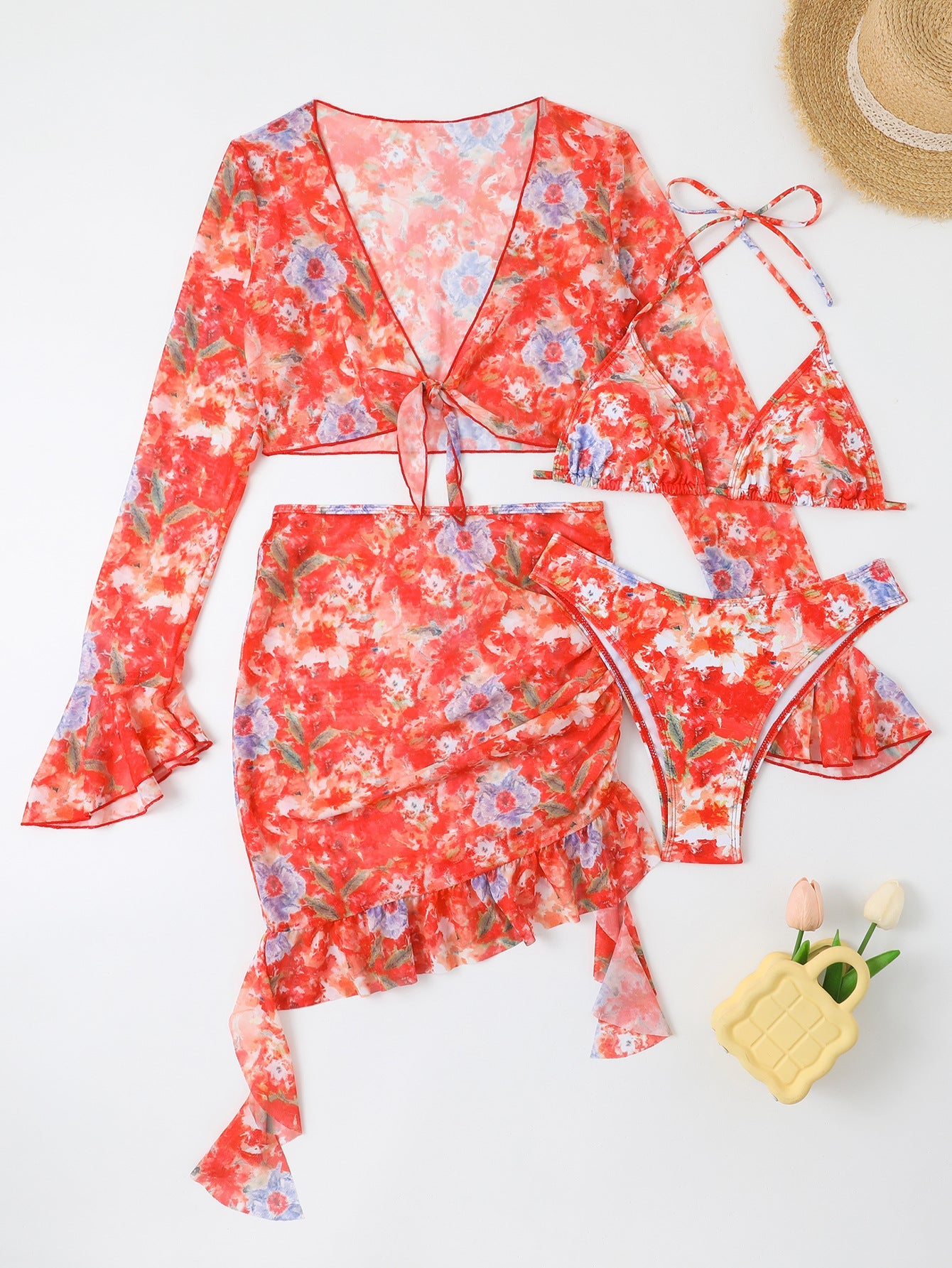 Dame Badetøjssæt Med Blomsteroverdel Og Triangle Bikini | Feminint Og Sommerligt | Vanero