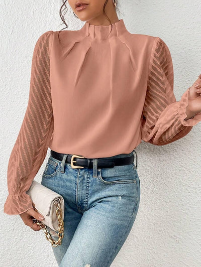 Bluse med Høj Hals | Mesh-ærmer | Elegant Stil l Vanero
