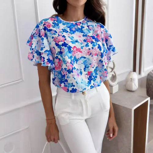 Dame Bluse Polyesterblanding | Almindelig Pasform Bluse Med Blomsterprint | Flæseærmer Til Arbejde & Hverdagsbrug | Vanero
