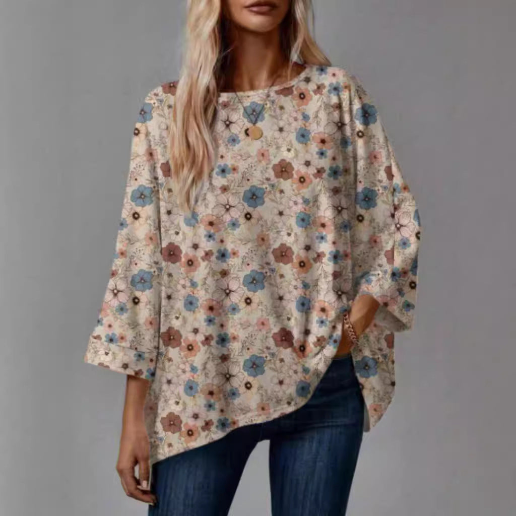 Dame Bluse Polyesterblanding | Afslappet Pasform Bluse Med Blomsterprint | Rund Hals Til Hverdagsbrug & Fritid | Vanero