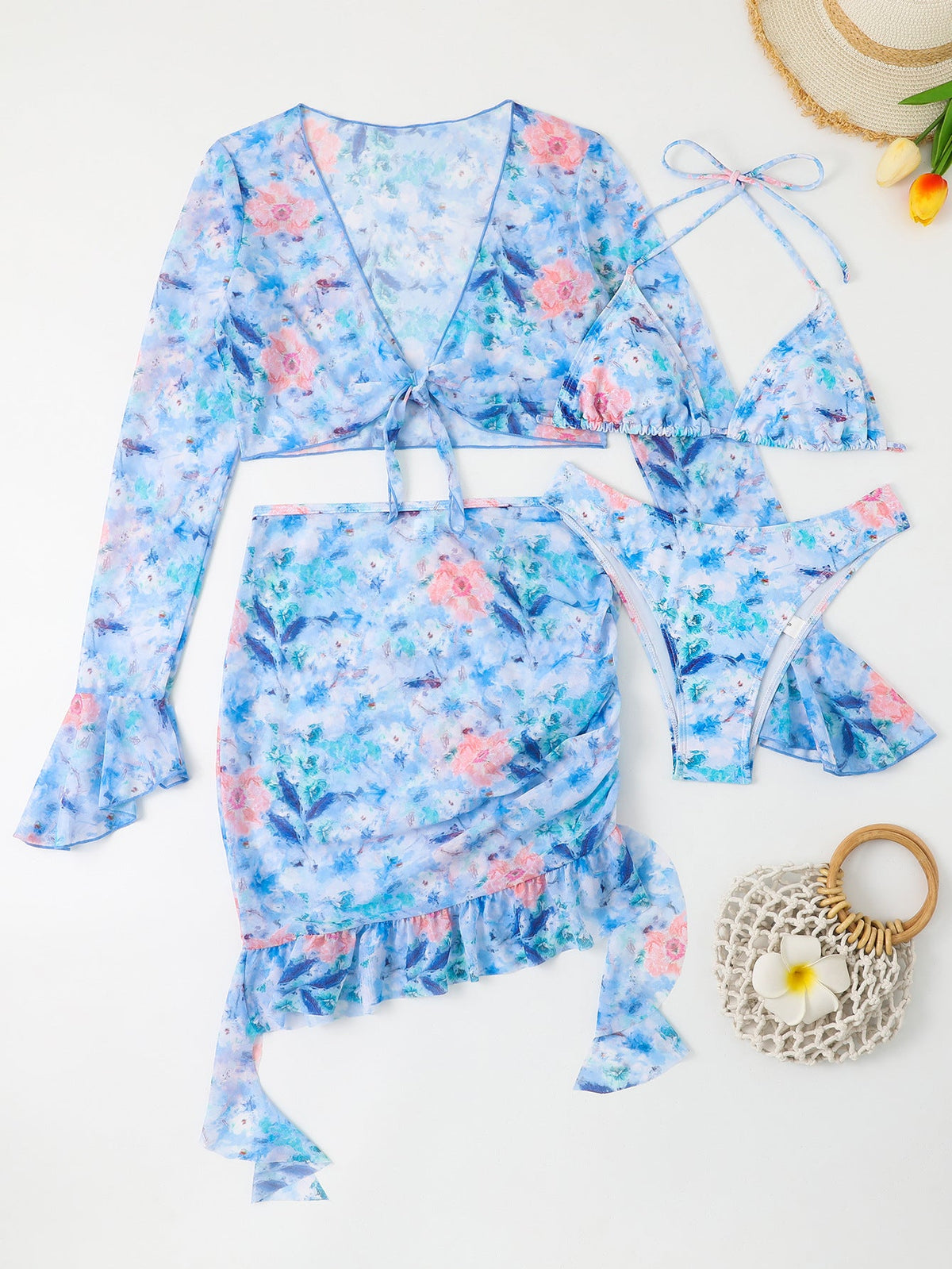 Damebadetøjssæt Nylon Mesh | Triangle Bikini med Blomsteroverdel | Hurtigtørrende Design til Strand- og Sommerbrug | Vanero