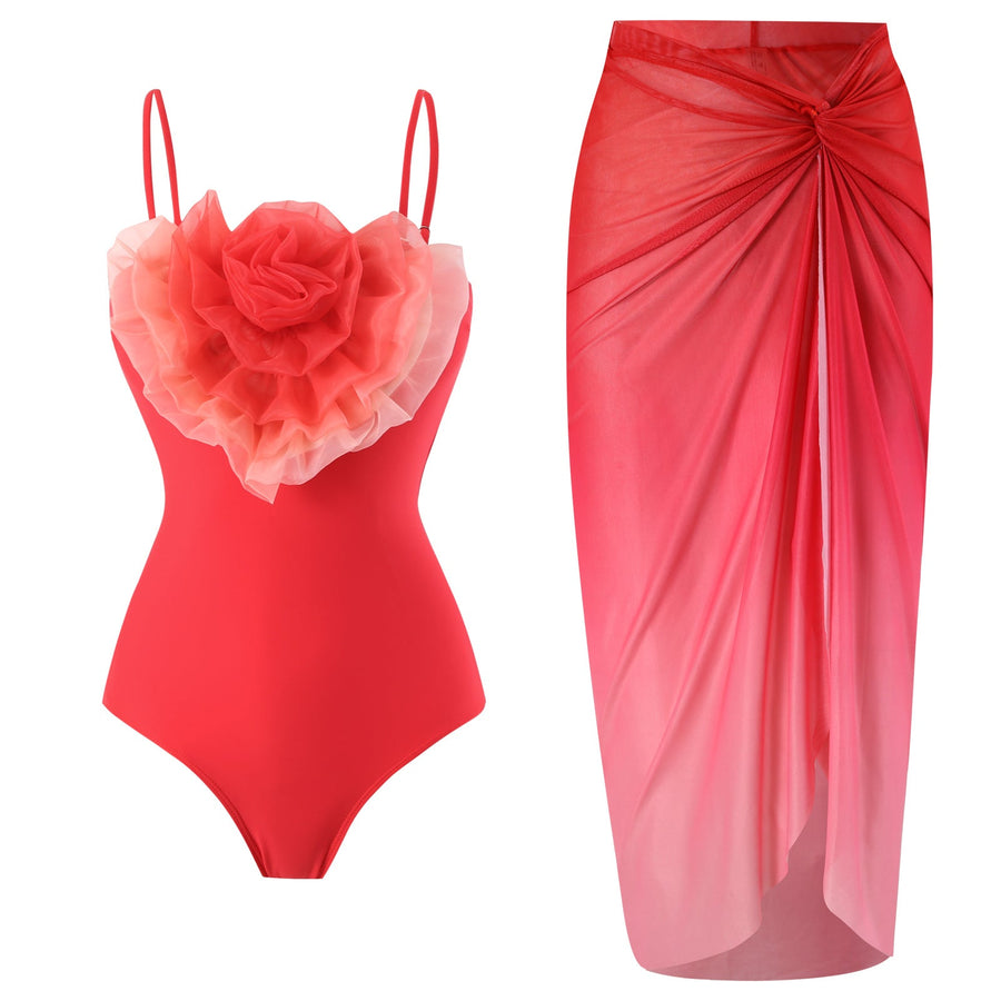 Damebadetøjssæt Polyester Spandex | Badetøj med Volantdetaljer | Transparent Slå-Om Nederdel til Strand- og Poolbrug | Vanero