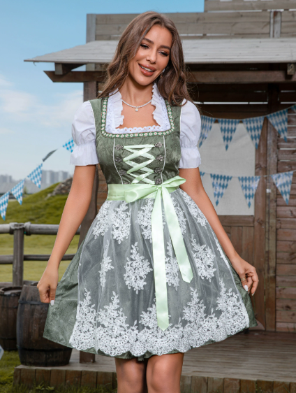 Dame Oktoberfest Dirndl Kjole | Broderet Forklæde & Snørebåndsoverdel | Vanero