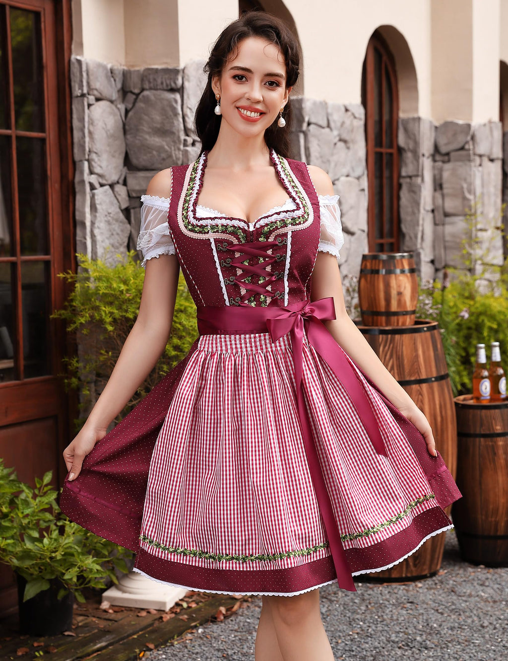 Dame Dirndl Kjole Bomuldsblanding | Almindelig Pasform Minikjole | Snøreliv Med Forklæde Til Festivaler & Kulturelle Arrangementer | Vanero