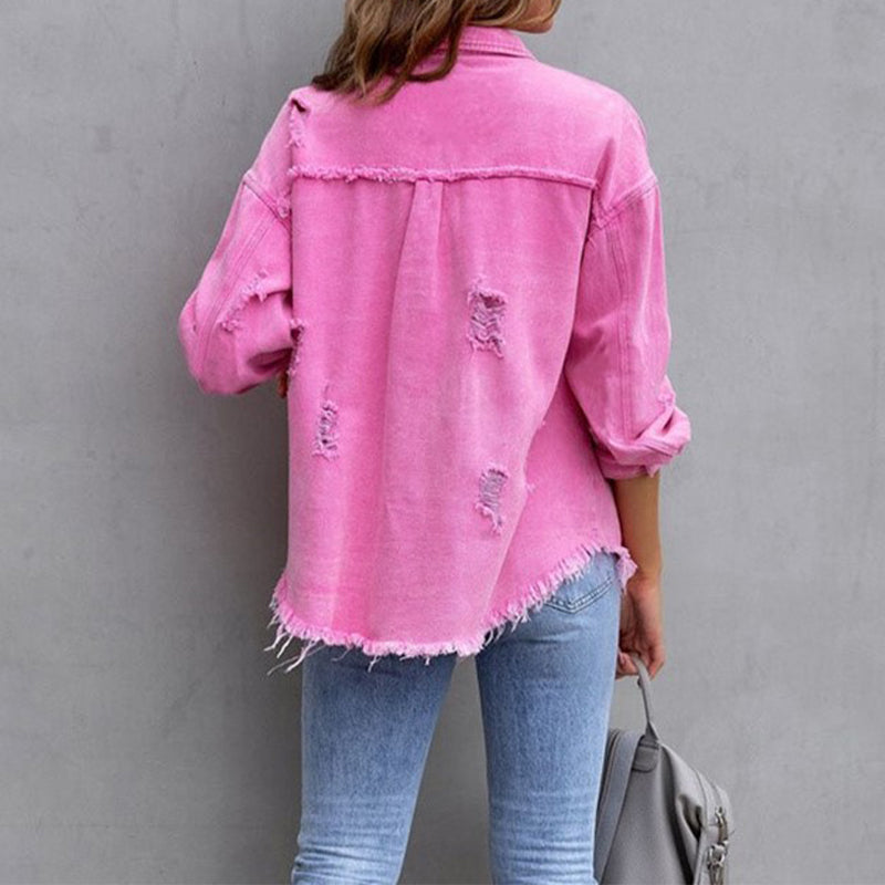 Dame Denimjakke Bomuld | Normal Pasform Casual Jakke | Distressed Knapdesign Til Hverdagsbrug & Lag På Lag | Vanero
