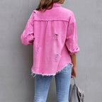 Dame Denimjakke Bomuld | Normal Pasform Casual Jakke | Distressed Knapdesign Til Hverdagsbrug & Lag På Lag | Vanero