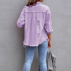 Dame Denimjakke Bomuld | Normal Pasform Casual Jakke | Distressed Knapdesign Til Hverdagsbrug & Lag På Lag | Vanero