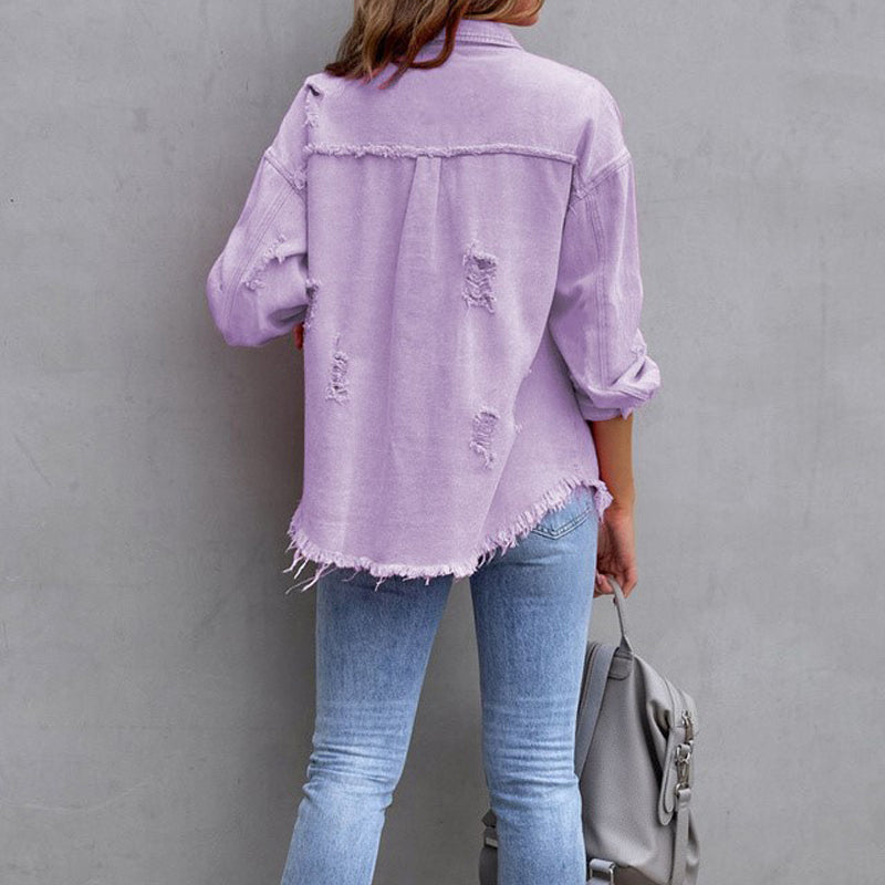 Dame Denimjakke Bomuld | Normal Pasform Casual Jakke | Distressed Knapdesign Til Hverdagsbrug & Lag På Lag | Vanero