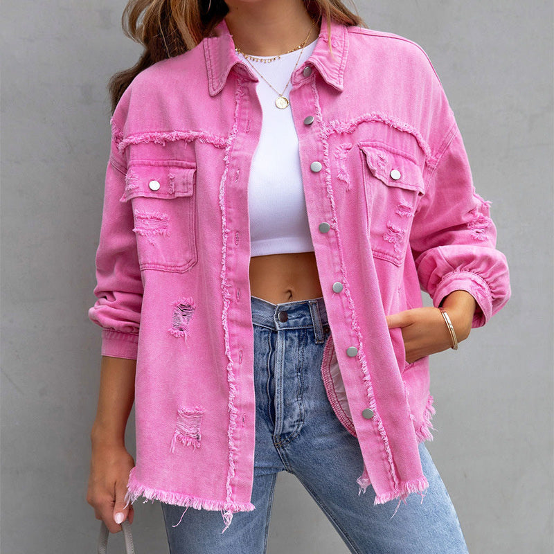 Dame Denimjakke Bomuld | Normal Pasform Casual Jakke | Distressed Knapdesign Til Hverdagsbrug & Lag På Lag | Vanero