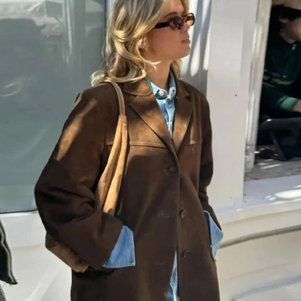 Dame Ruskindsjakke | Oversized Pasform & Enkeltradet Front | Langærmet Jakke Med Lommer Til Efterårsbrug | Vanero