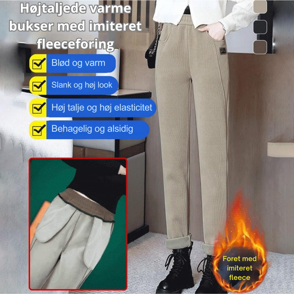 Dame Bukser Bomuldsvelour Med Fleecefor | Højtaljet Pencil-Leg Bukser | Isoleret Design Til Vinter & Hverdagsbrug | Vanero