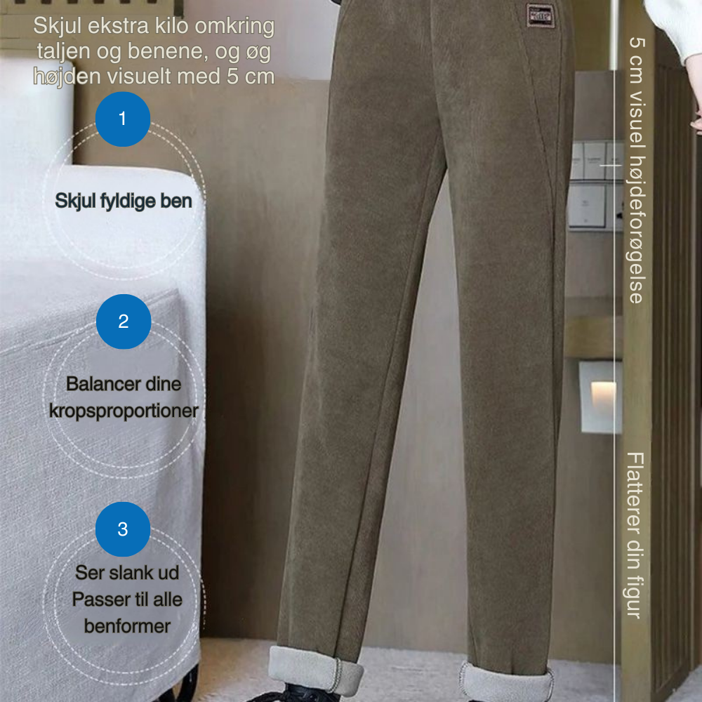 Dame Bukser Bomuldsvelour Med Fleecefor | Højtaljet Pencil-Leg Bukser | Isoleret Design Til Vinter & Hverdagsbrug | Vanero