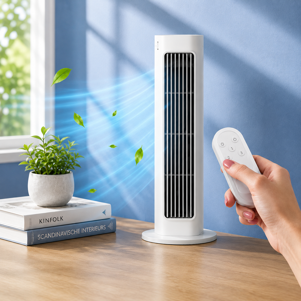 Tårnventilator | Bladløs Tårnventilator Med Fjernbetjening Og Justerbar Luftstrøm | Indendørs Køling | Vanero