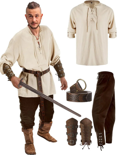 TimeWard | Renaissance Kostume Herre 4-Delt Med Skjorte, Bukser & Bælte | Vanero