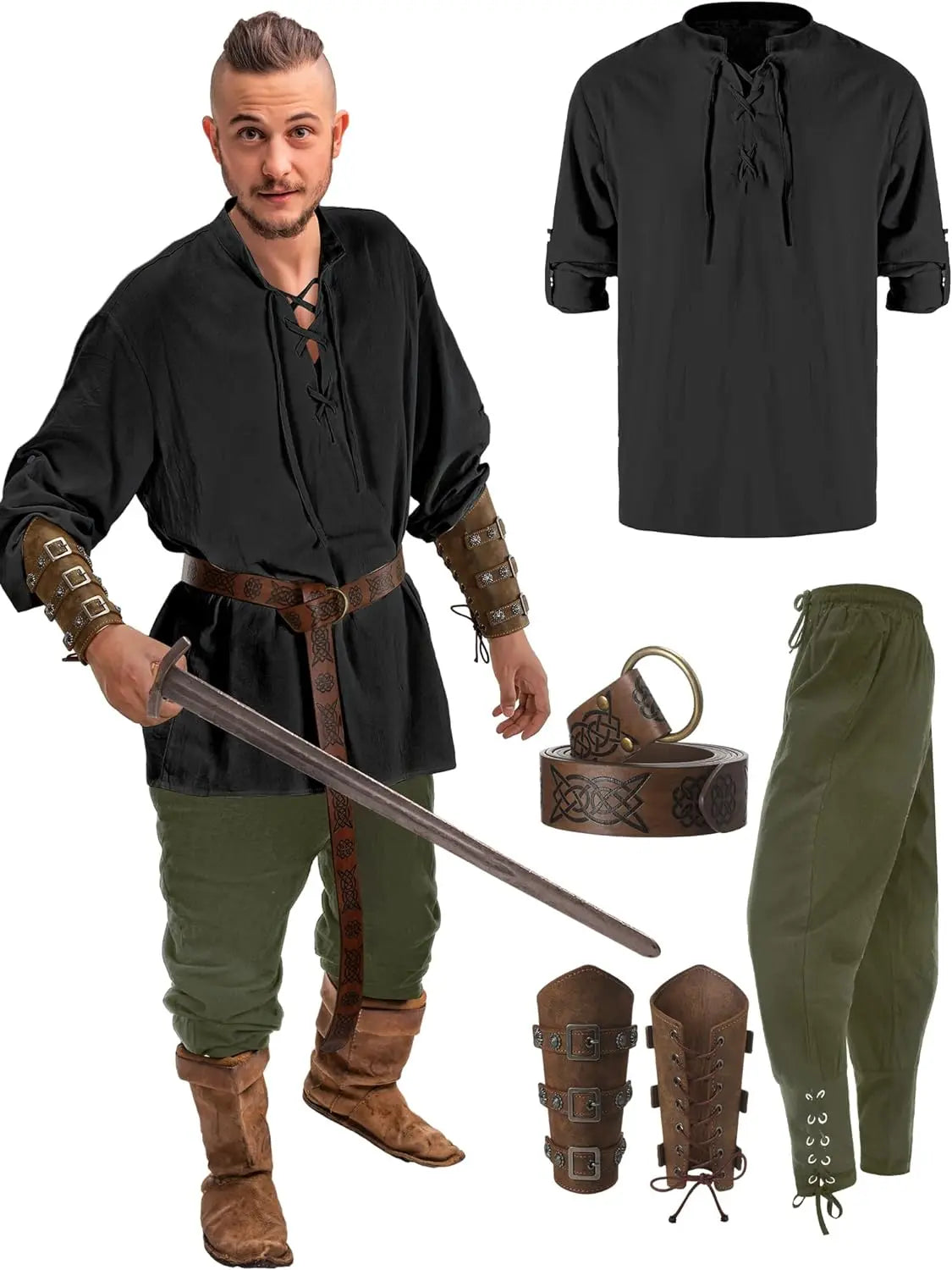 TimeWard | Renaissance Kostume Herre 4-Delt Med Skjorte, Bukser & Bælte | Vanero