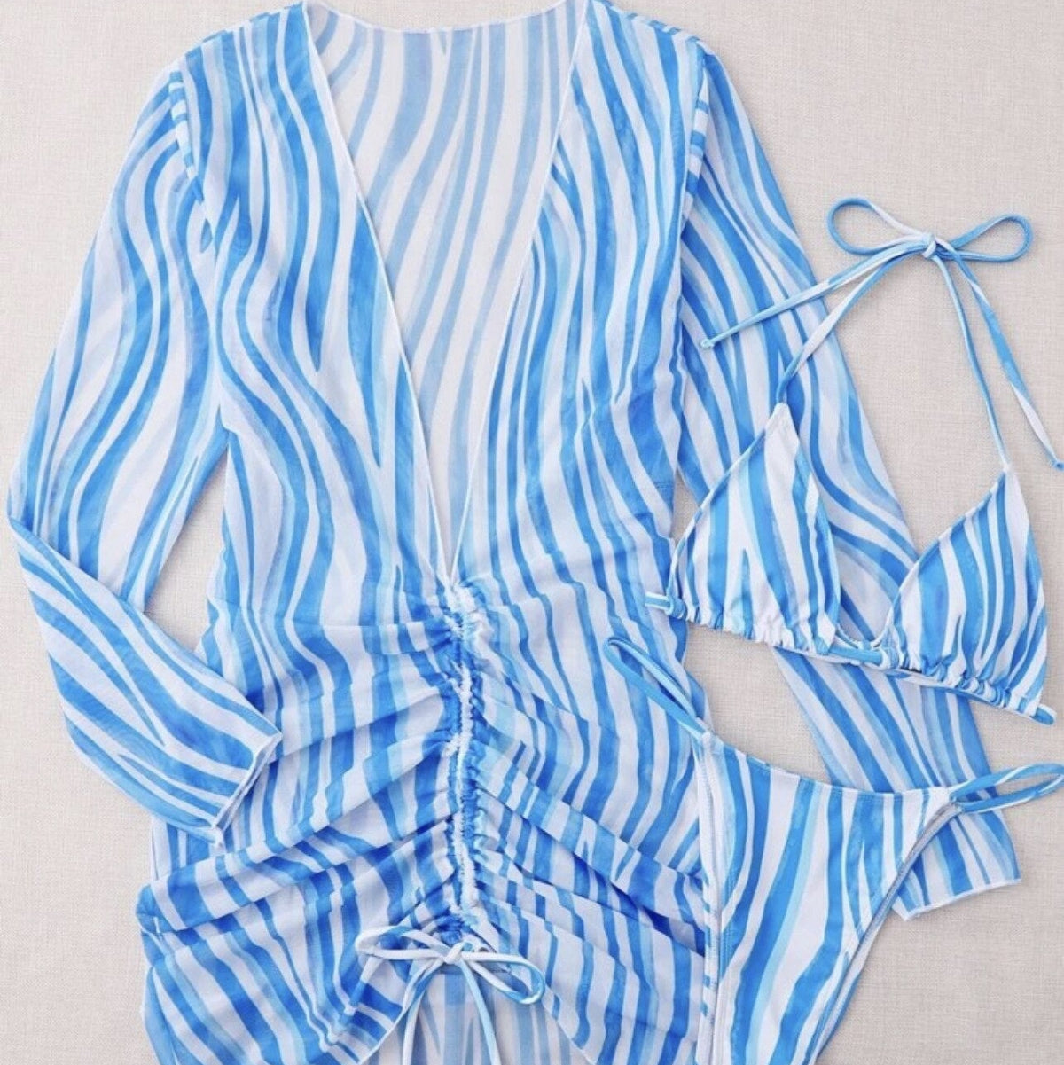 Dame Bikinisæt Polyester | Tredelt Badetøjssæt | Cover-Up Kjole med Zebra-Inspireret Mønster til Strand- og Poolbrug | Vanero