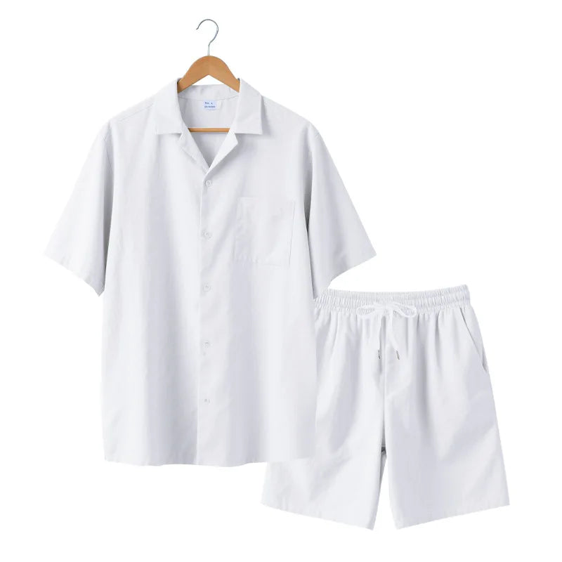 Herresæt Bomuld Polyester Blanding | Relaxed Fit Skjorte & Shorts Sæt | Knaplukning Skjorte til Sommerbrug & Fritidsaktiviteter | Vanero
