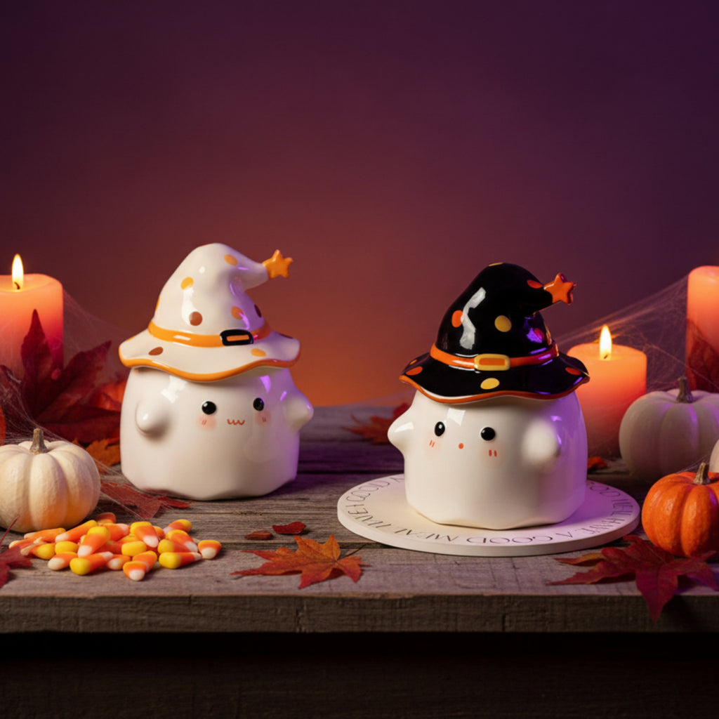 Spøgelse Keramikkrus med Låg | Sort Halloween-Design | Genanvendeligt Kaffe- & Tekrus Til Varme Drikke og Sæsonbrug | Vanero