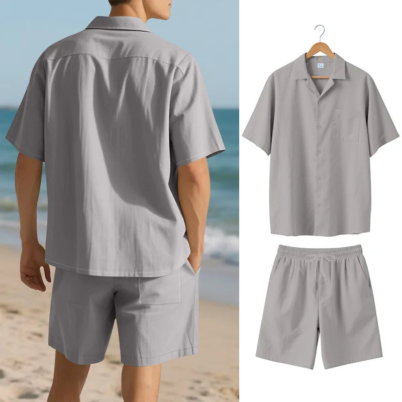 Herresæt Bomuld Polyester Blanding | Relaxed Fit Skjorte & Shorts Sæt | Knaplukning Skjorte til Sommerbrug & Fritidsaktiviteter | Vanero