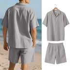 Herresæt Bomuld Polyester Blanding | Relaxed Fit Skjorte & Shorts Sæt | Knaplukning Skjorte til Sommerbrug & Fritidsaktiviteter | Vanero