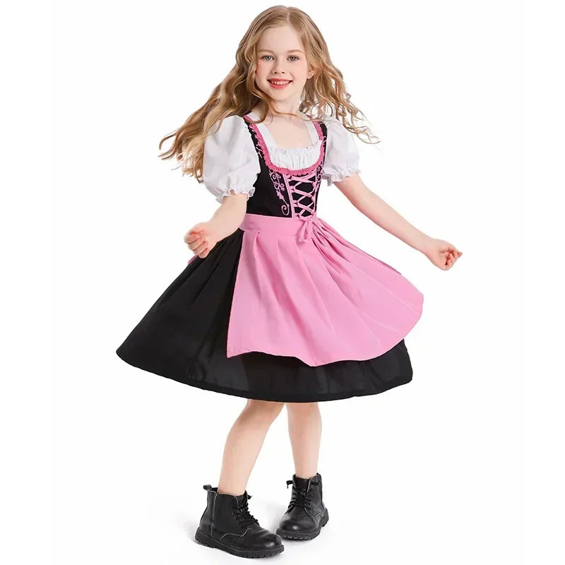 Pige Dirndl Kjole Bomuldsblanding | Almindelig Pasform Folkedragtkjole | Forklæde Og Snøreliv Til Festivaler & Temafester | Vanero