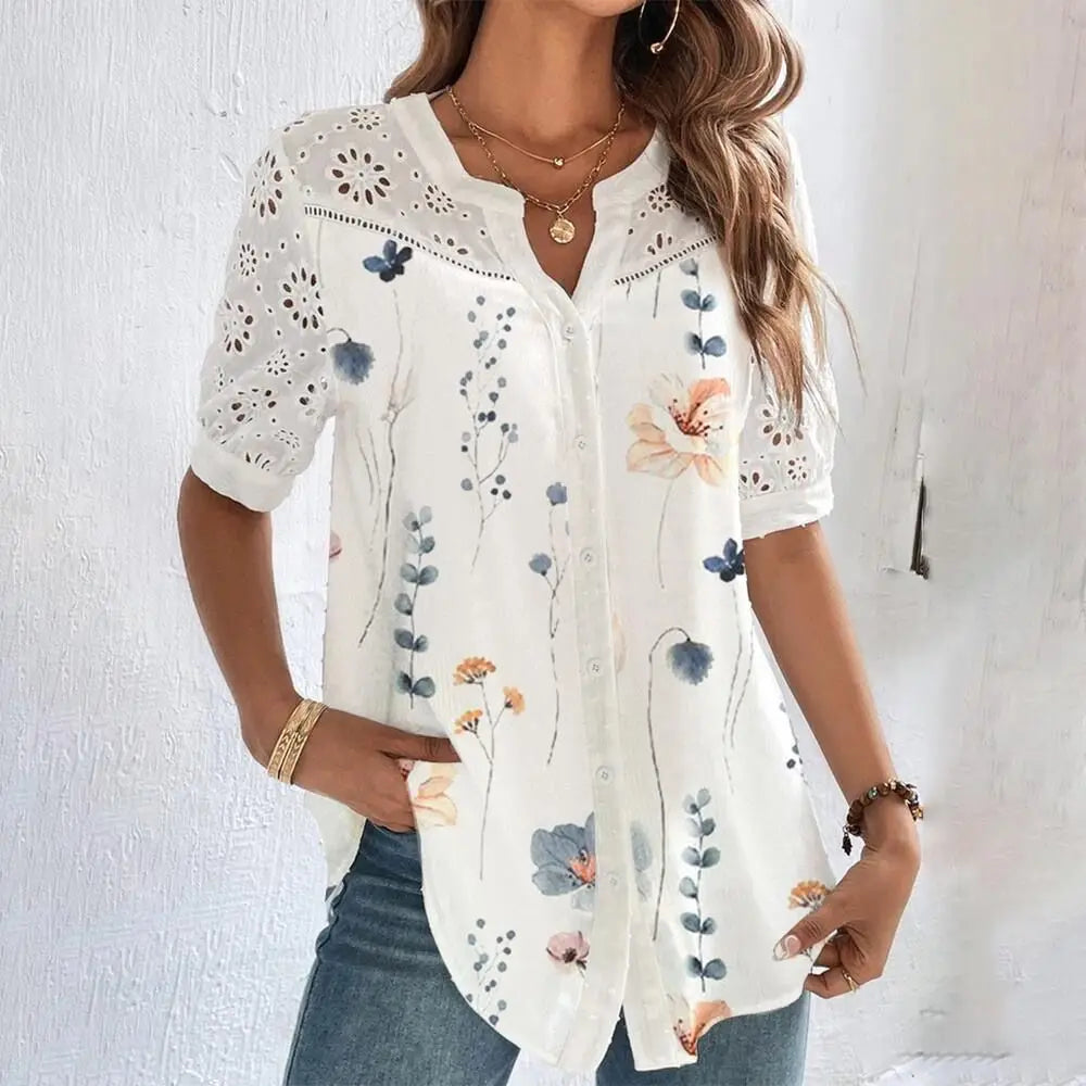 Blondebluse l med Broderet Blomstermotiv | Vanero