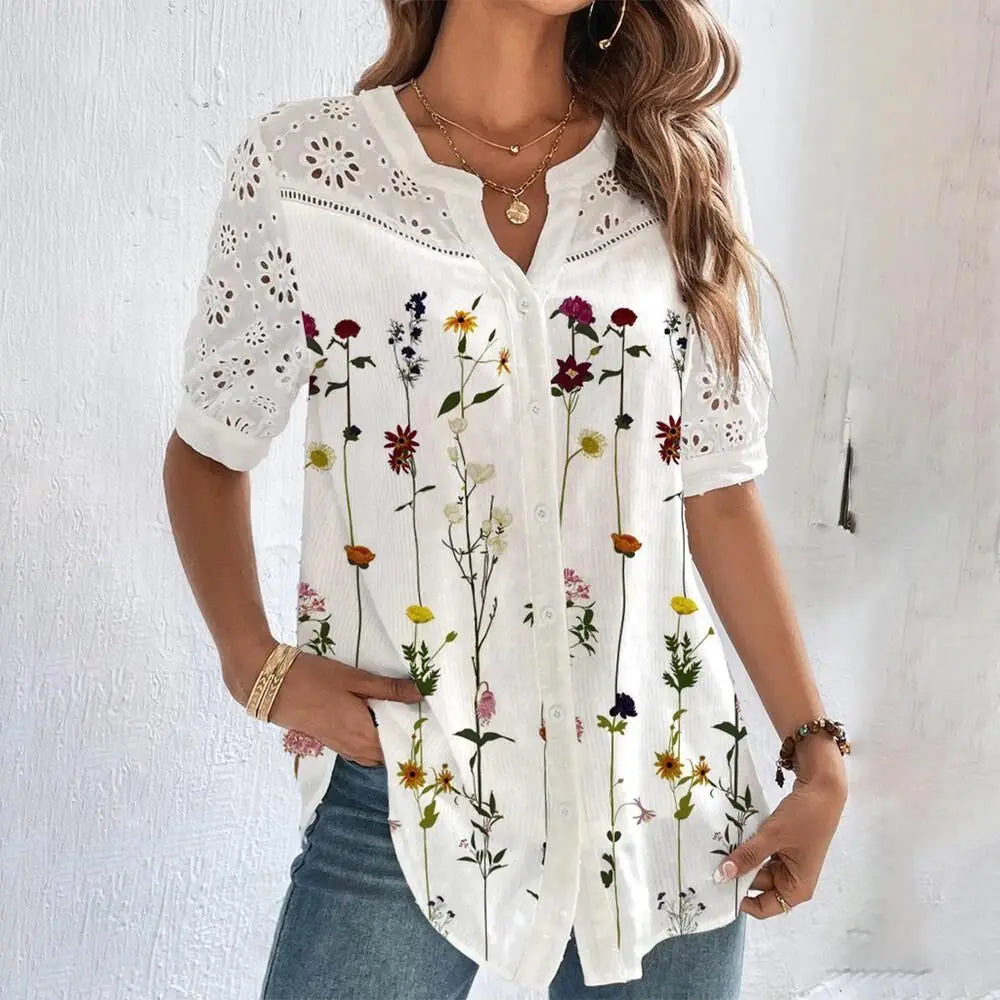 Blondebluse l med Broderet Blomstermotiv | Vanero