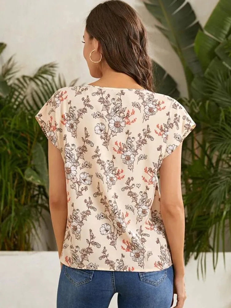 Damebluse Let Tekstilmateriale | Relaxed Fit Bluse med Blomstermønster | Kortærmet Design til Sommerbrug & Hverdagsaktiviteter | Vanero