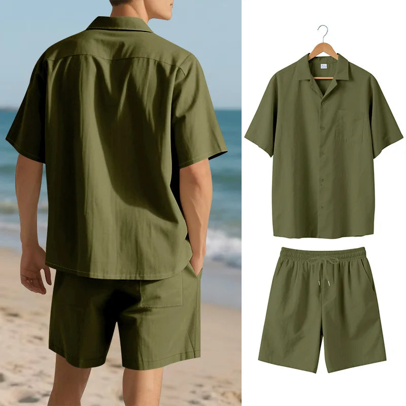 Herresæt Bomuld Polyester Blanding | Relaxed Fit Skjorte & Shorts Sæt | Knaplukning Skjorte til Sommerbrug & Fritidsaktiviteter | Vanero