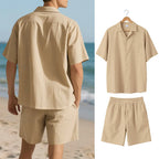 Herresæt Bomuld Polyester Blanding | Relaxed Fit Skjorte & Shorts Sæt | Knaplukning Skjorte til Sommerbrug & Fritidsaktiviteter | Vanero