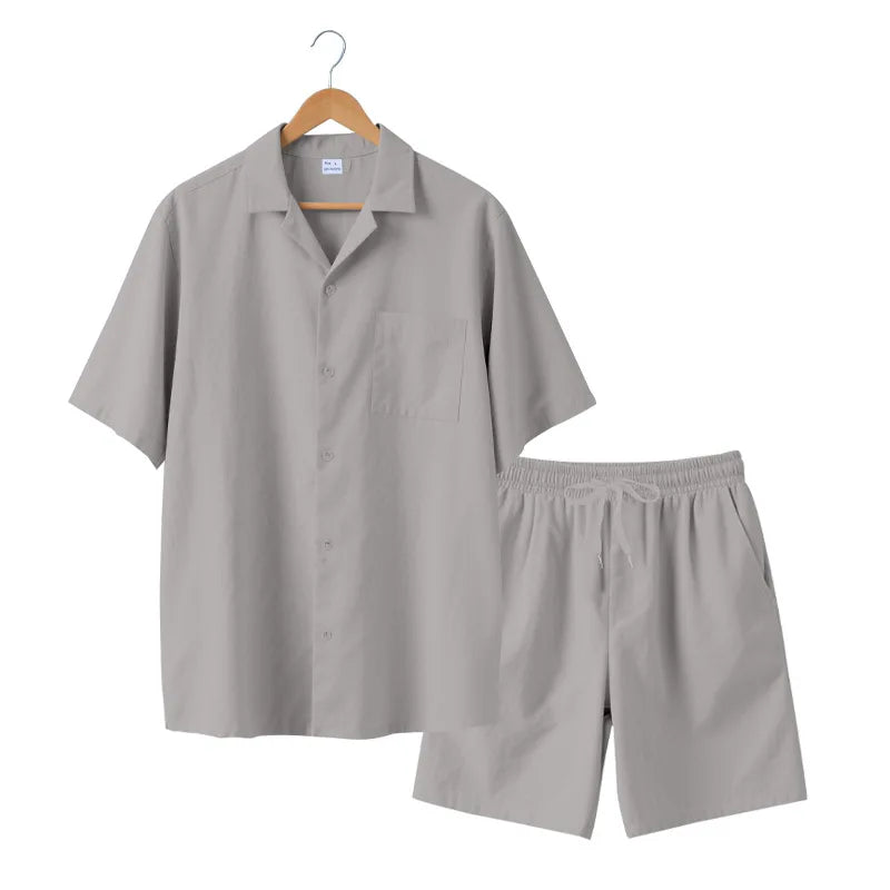 Herresæt Bomuld Polyester Blanding | Relaxed Fit Skjorte & Shorts Sæt | Knaplukning Skjorte til Sommerbrug & Fritidsaktiviteter | Vanero