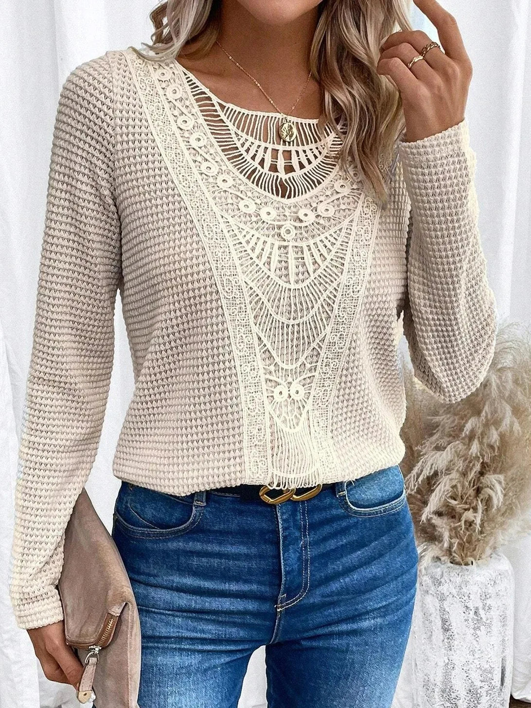 Bluse med Blonder | Struktureret Strik | Elegant & Boheme l Vanero