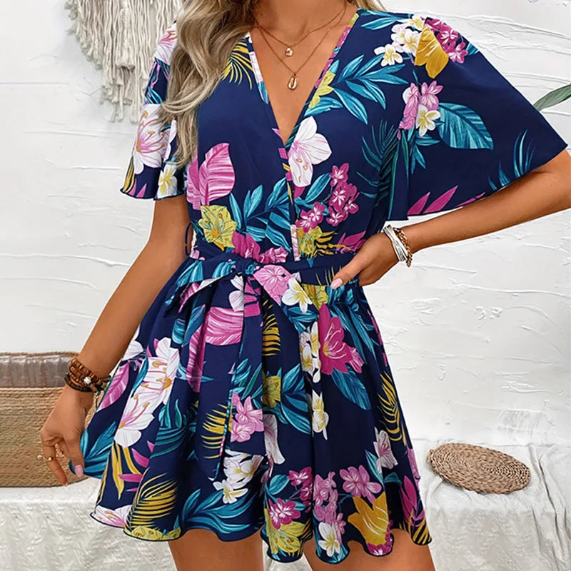 Dame Sommerdragt Let Stofblanding | Afslappet Pasform Ærmeløs Sommerdragt | Blomsterprint Til Sommer & Feriebrug | Vanero