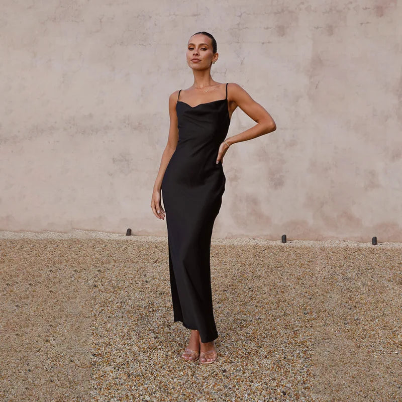 Klara | Satin Maxi Kjole med Cowl Neck l Vanero